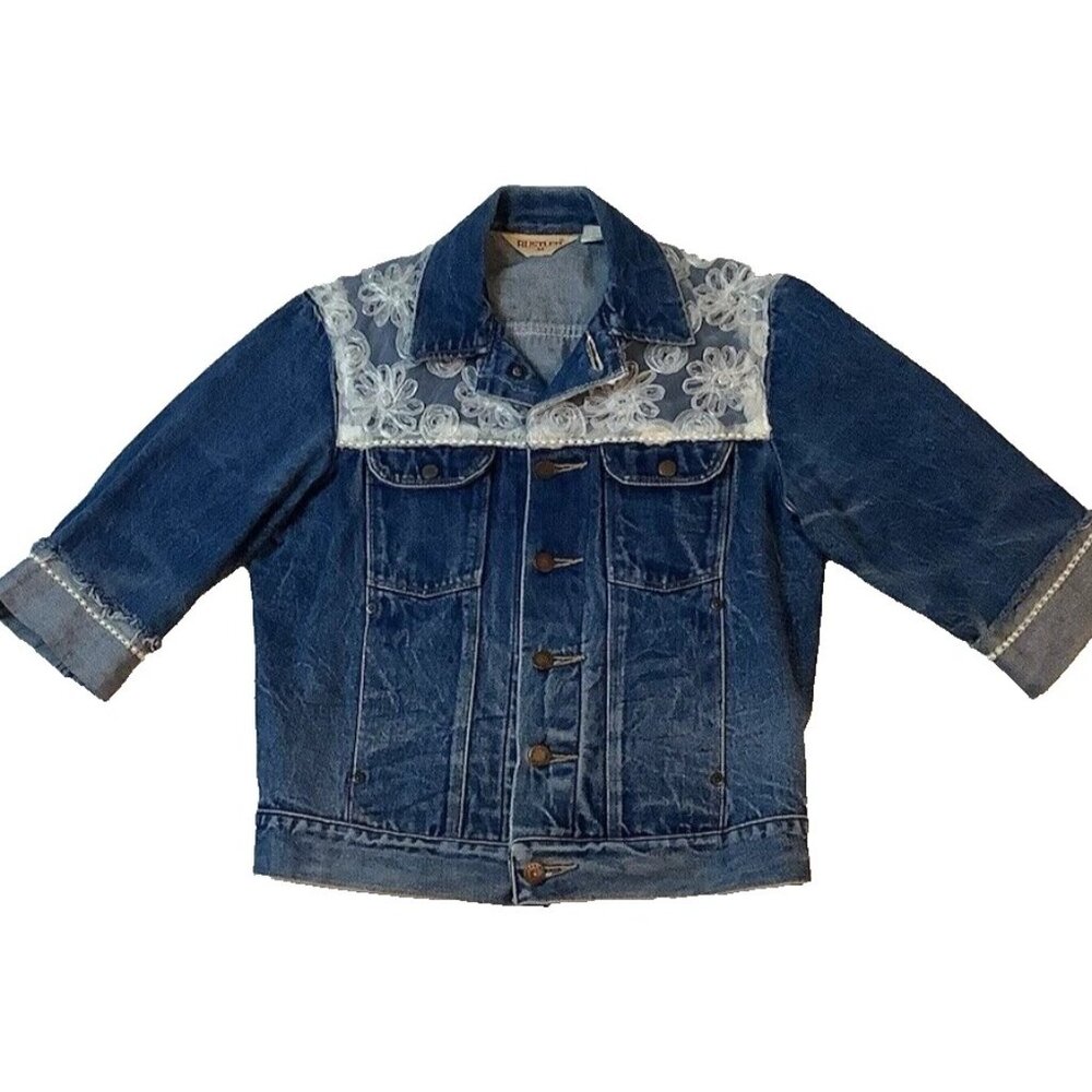 Vintage Rustler White Lace Blue Denim Jean Jacket Women's Size M